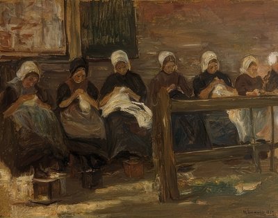 Meninas de costura em Huyzen - estude com sete figuras. 1889 de Max Liebermann