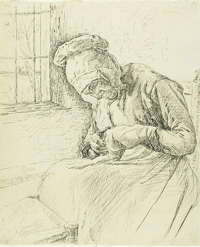 Mulher velha remendando na janela de Max Liebermann