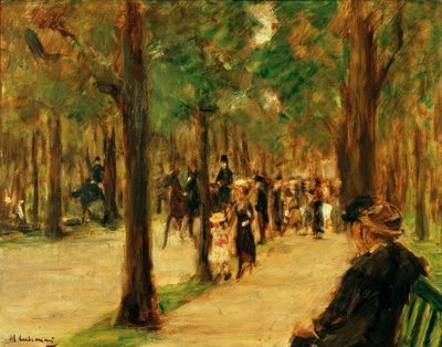 Passeio no Tiergarten com caminhantes e um cavalo de Max Liebermann