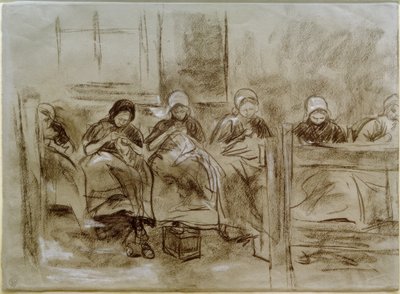 Seis meninas holandesas de costura em frente a uma parede de casa de Max Liebermann