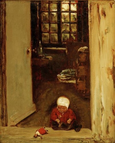 Criança brincando na porta da frente de Max Liebermann