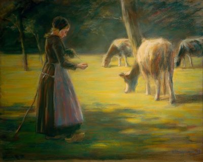 Girando vaqueira no pasto - sob o sol de Max Liebermann