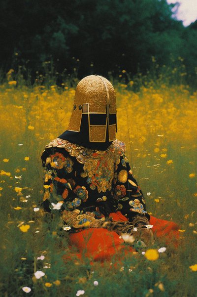 Capacete Dourado num Campo de Flores de Max Sandström
