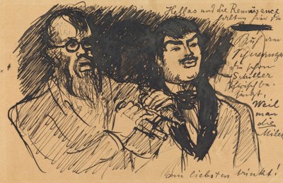 Três caricaturas de Lenbach: a) retrato de busto (esboçado); b) figura inteira; c) juntamente com Stuck de Max Slevogt