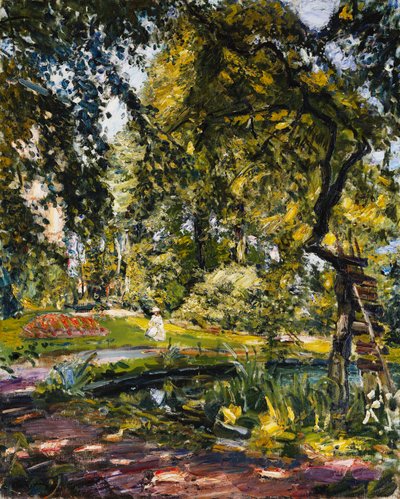Jardim em Godrammstein com uma árvore e um lago retorcidos; Jardim em Godrammstein com árvores e lago, 1910 de Max Slevogt