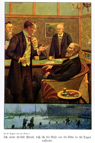 Phileas Fogg aposta no Reform Club que pode dar a volta ao mundo em 80 dias, ilustração de uma edição publicada em Berlim de Max Wulff