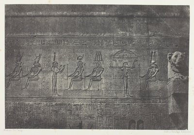 Grande Templo de Denderah (Teutyres), esculturas da fachada posterior; Alto Egito, placa 20 do álbum "Egypte, Nubie, Palestine et Syrie" (1852) de Maxime Du Camp