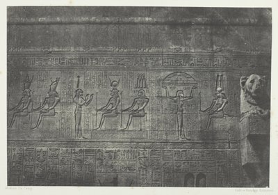 Grande Templo de Denderah (Teutyres), esculturas da fachada posterior; Alto Egito, placa 20 do álbum "Egypte, Nubie, Palestine et Syrie" (1852) de Maxime Du Camp