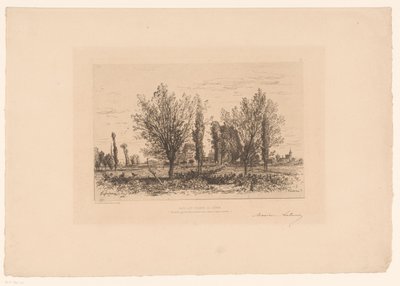 Paisagem com um prado e uma vista de uma cidade Dance les champs de Cenon. (título no objeto) de Maxime François Antoine Lalanne (signed by artist)