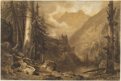 Castelo alpino acima de um lago arborizado de Maxime Lalanne