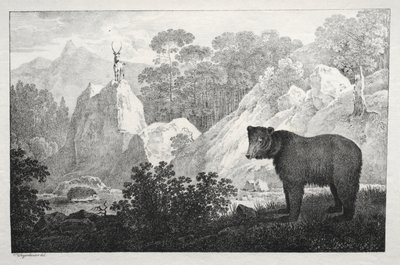Paisagem montanhosa com urso em primeiro plano. de Maximilian Josef Wagenbauer