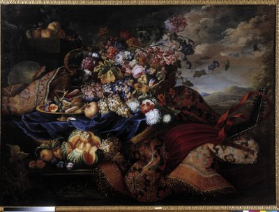 Cesta de frutas, flores e alaúde no tapete. Pintura de Maximilian Pfeiler (1481-1536). Menção obrigatória: Coleção fondation concern de provence, Marselha (cm 145x196,5) de Maximilian Pfeiler or Pfeiller