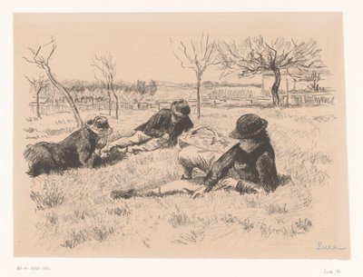 Três homens descansam em um prado de Maximilien Luce (signed by artist)