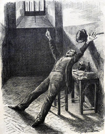 Felix Feneon (1861-1944), crítico de arte e colecionador, na prisão (na cela) - litografia (1894) de Maximilien Luce (1858-1941) do livro de Julles Valles Mazas de Maximilien Luce
