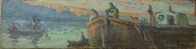 Paisagem do rio com barcaça e barcos de Maximilien Luce