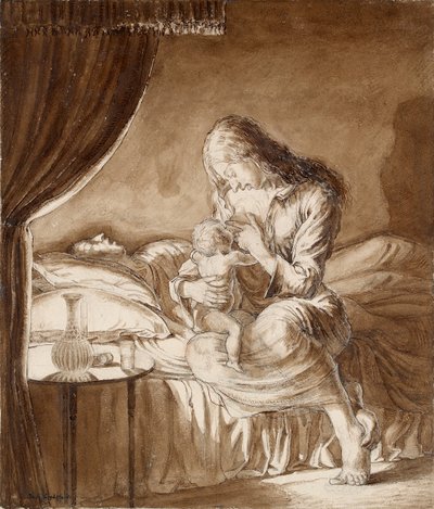 Cenário Noturno - Mulher alimentando seu filho, c1900s de Maxwell Gordon Lightfoot