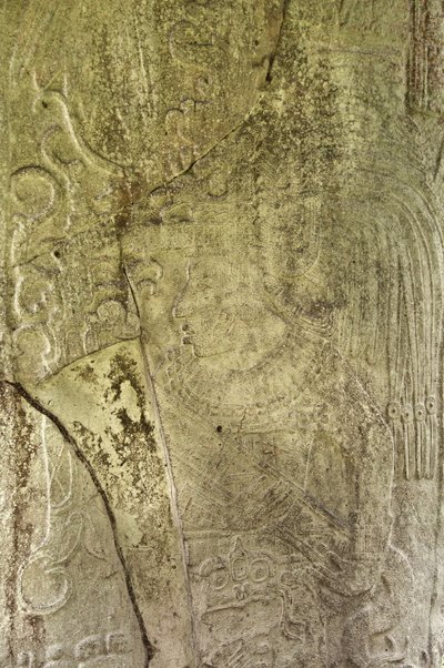 Detalhe de Stela 9 representando Ajb&39;alun Haab&39;tal Wat&39;ul K&39;atel, Rei Clássico Terminal de Ceibal, Guatemala, comemorando o final do 9º Katon em AD. 849 pedra de Mayan