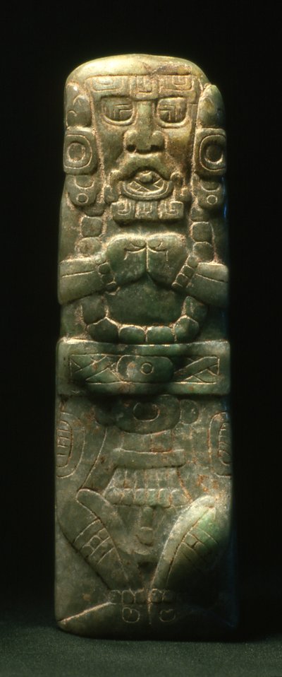 Estatueta colocada em dedicação pela Escada Hieroglífica, Copan, Período Clássico Atrasado (600-900) (jade) de Mayan