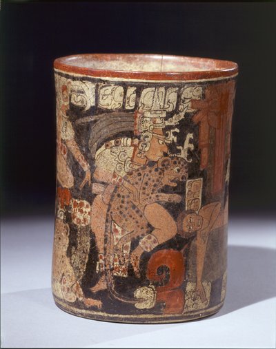 Recipiente cilíndrico com cena de sacrifício, c.600850 AD (cerâmica e pigmentos) de Mayan Mayan