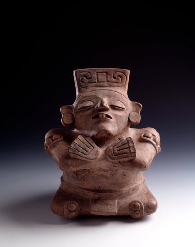 Arte pré-colombiana, civilização Maia, período clássico: vaso de barro antropomórfico representando um personagem sentado, pernas e braços cruzam o rosto virados para cima. De La Lagunita, Quiche, Guatemala Sol. h. 25 x largura 21,5 cm Guatemala, Museo Naz de Mayan Mayan
