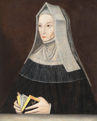 Retrato de Lady Margaret Beaufort (1441-1509), a meio corpo, de túnica preta e hábito branco, livro de orações nas mãos (óleo sobre painel) de Maynard (manner of) Vewicke