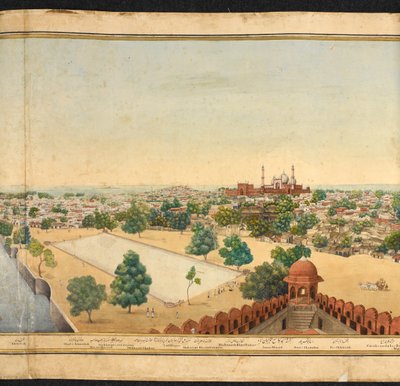 Secção de um panorama de Deli, mostrando o Jama Masjid de Mazar or Mazhar Ali Khan