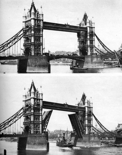 Tower Bridge aberta e fechada, Londres, 1926-1927 de McLeish