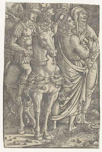Fragmento de uma crucificação com João Evangelista e Maria e soldados de Meester IB met de vogel