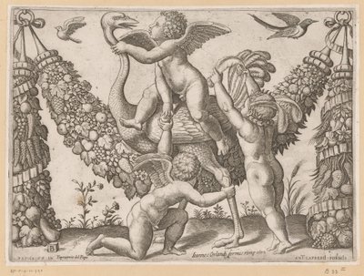 Três putti e uma avestruz Tapeçarias do Papa (título da série) Tapezzerie de Papa (título da série no objeto) de Meester van de Dobbelsteen