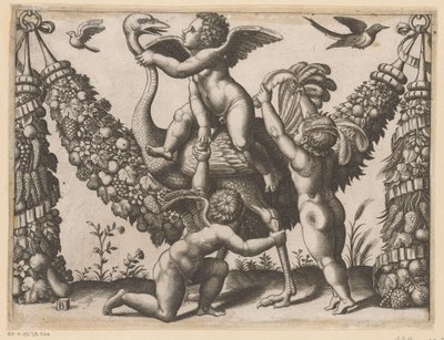 Três putti e uma avestruz Tapeçarias do Papa (título da série) Tapezzerie de Papa (título da série) de Meester van de Dobbelsteen