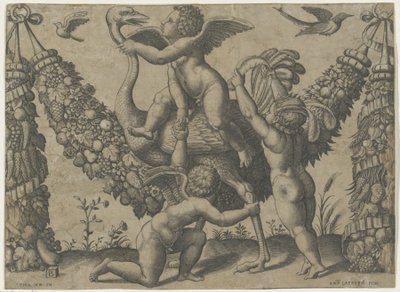 Três putti com uma avestruz Tapeçarias do Papa por Rafael (título da série) de Meester van de Dobbelsteen