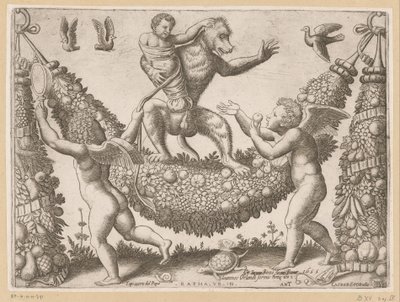 Putti zombando de um macaco Tapeçarias do Papa (título da série) Tapezzerie de Papa (título da série no objeto) de Meester van de Dobbelsteen