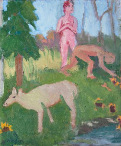 Duas figuras com uma fêmea de alce, 2016 (óleo sobre tela) de Megan Williamson