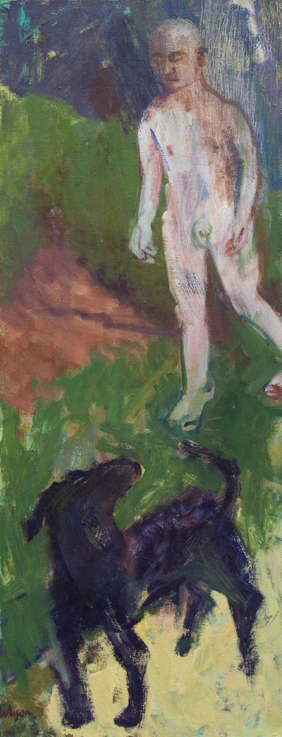 Homem branco que passeava um cão preto, 2016 (óleo sobre tela) de Megan Williamson