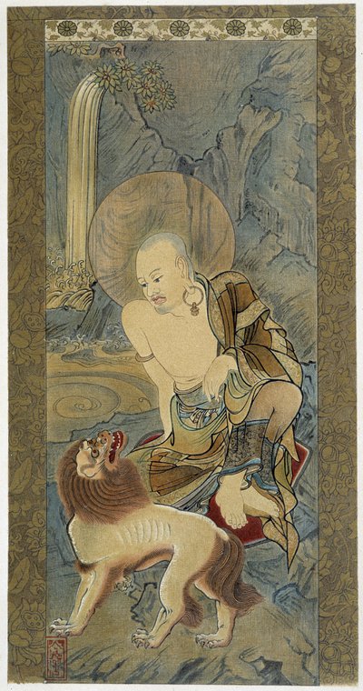 O Homem com o Leão. Pintura sobre seda de Meicho (1427-1532). de Meicho