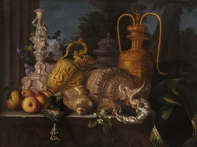 Natureza morta, conchas e ourivesaria. Pintura por Meiffren Conte (1630-1705). Óleo sobre tela. Dim: 91x121cm. Menção obrigatória: Fondação de colecções de de Provence, Marselha de Meiffren (c.1630 1705) Conte