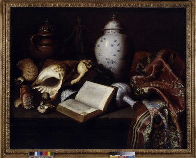 China vasos, conchas, bronzes antigos, livros e tapetes (óleo sobre tela) de Meiffren (c.1630 1705) Conte
