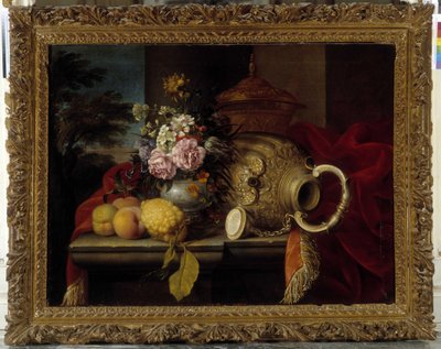 Natureza morta com bouquet, fruta, vaso e tecido vermelho (óleo sobre tela) de Meiffren (c.1630 1705) Conte