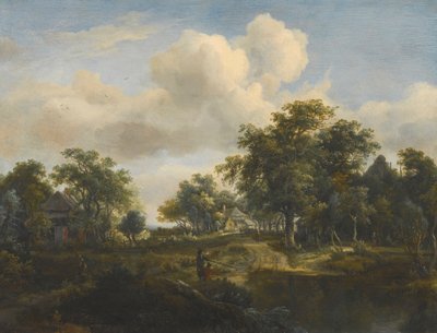 Uma aldeia na floresta com pescadores de Meindert Hobbema