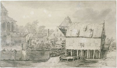 A chamada igreja Bergkerk e moinho de água em Deventer (Lugt 43) de Meindert Hobbema
