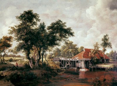 Moinho de água com grande telhado vermelho. Pintura por Meindert HOBBEMA de Meindert Hobbema