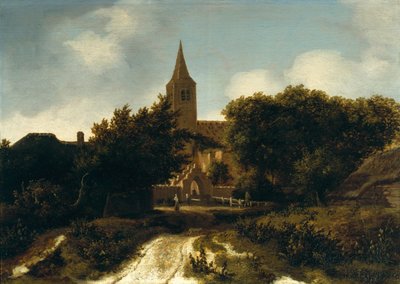 Paisagem arborizada com figuras perto de uma igreja, c.1660 de Meindert Hobbema