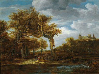 Paisagem arborizada com dois grandes carvalhos e vista para o castelo de Bentheim de Meindert Hobbema