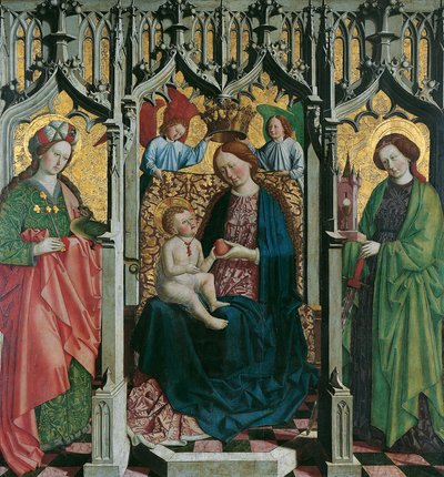 Maria entronizada com S. Margarethe e Barbara (anverso); Homem das Dores em ornamento de gavinhas (traseira) de Meister von Uttenheim