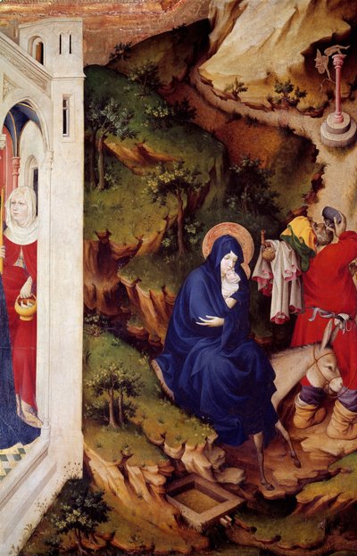 O voo para o Egipto Detalhe da secção direita do retábulo da Chartreuse de Champmol. Pintura em madeira de Melchior Broederlam (entre 1381 e 1409 aproximadamente) 1393-1399. Sol 1,49x1,8 m Dijon, museu de Belas Artes de Melchior Broederlam