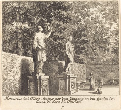 Estátuas de Mercúrio e Flora, Jardins de Dukedi Sora, Frascati de Melchior Küsel after Johann Wilhelm Baur
