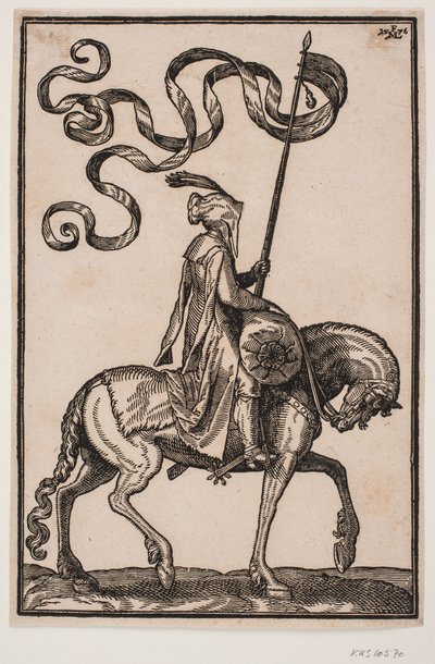 Porta-estandarte montado, perfil para h.; o estandarte é de dois lóbulos, o cavaleiro desarmado, a cavalo na frente dele uma bolsa em forma de salsicha de Melchior Lorck