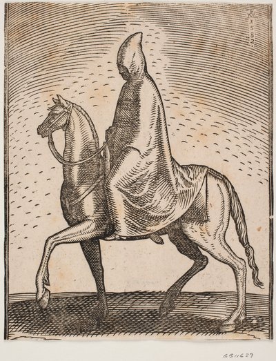 Cavaleiro de capa e chapéu, perfil à esquerda; sob seu manto, uma espada pode ser vislumbrada de Melchior Lorck