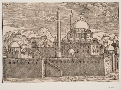 Imagem idealizada da Mesquita Bayazidiye, vista do sudeste de Melchior Lorck