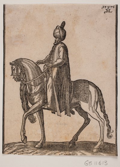 Homem mais velho montado, com porrete ao lado, perfil para a esquerda; sob o pescoço do cavalo, um rabo de cavalo ou rabo de boi está pendurado como um sinal de status digno do homem de Melchior Lorck